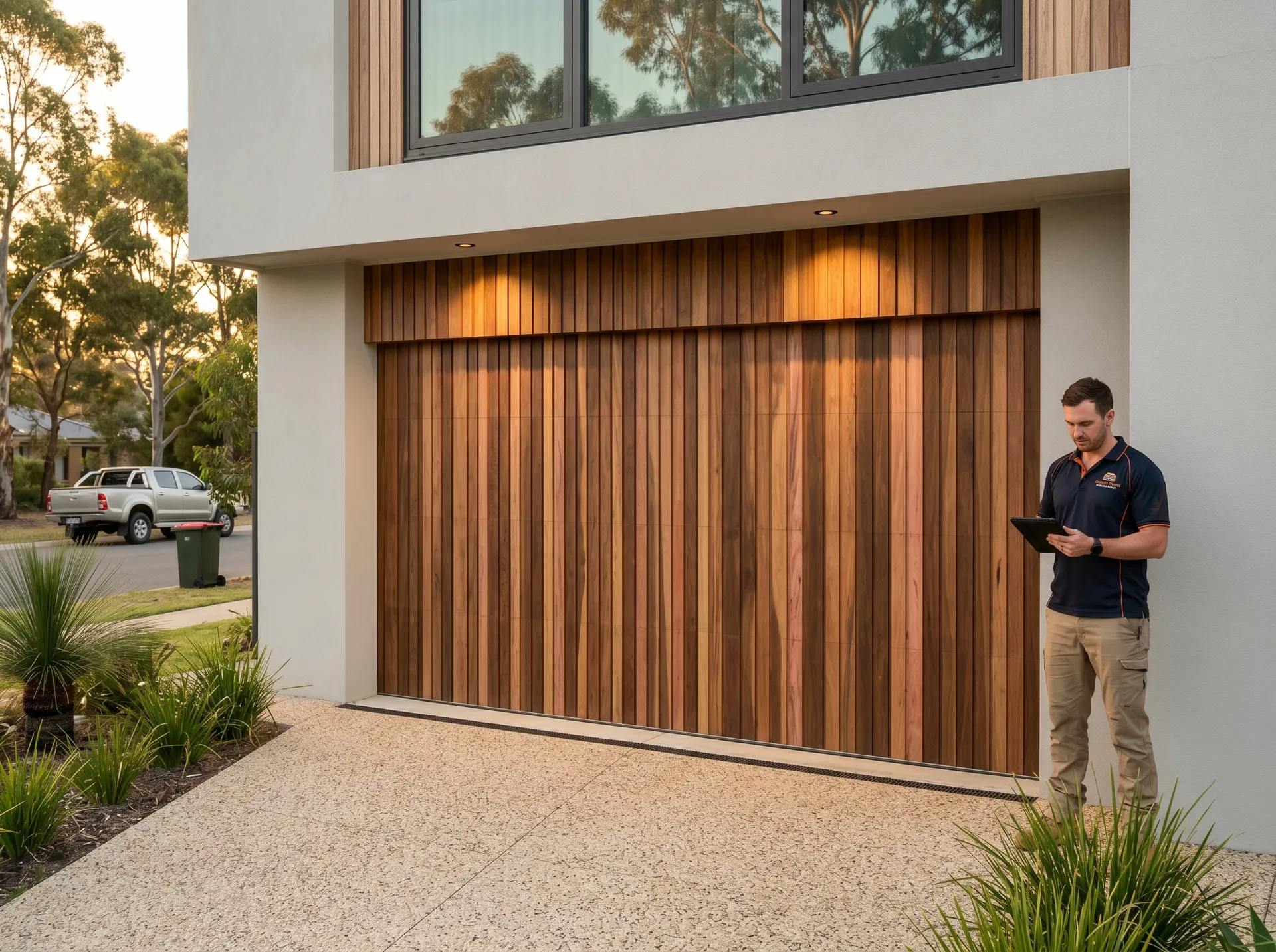 Installer fitting a new sectional garage door