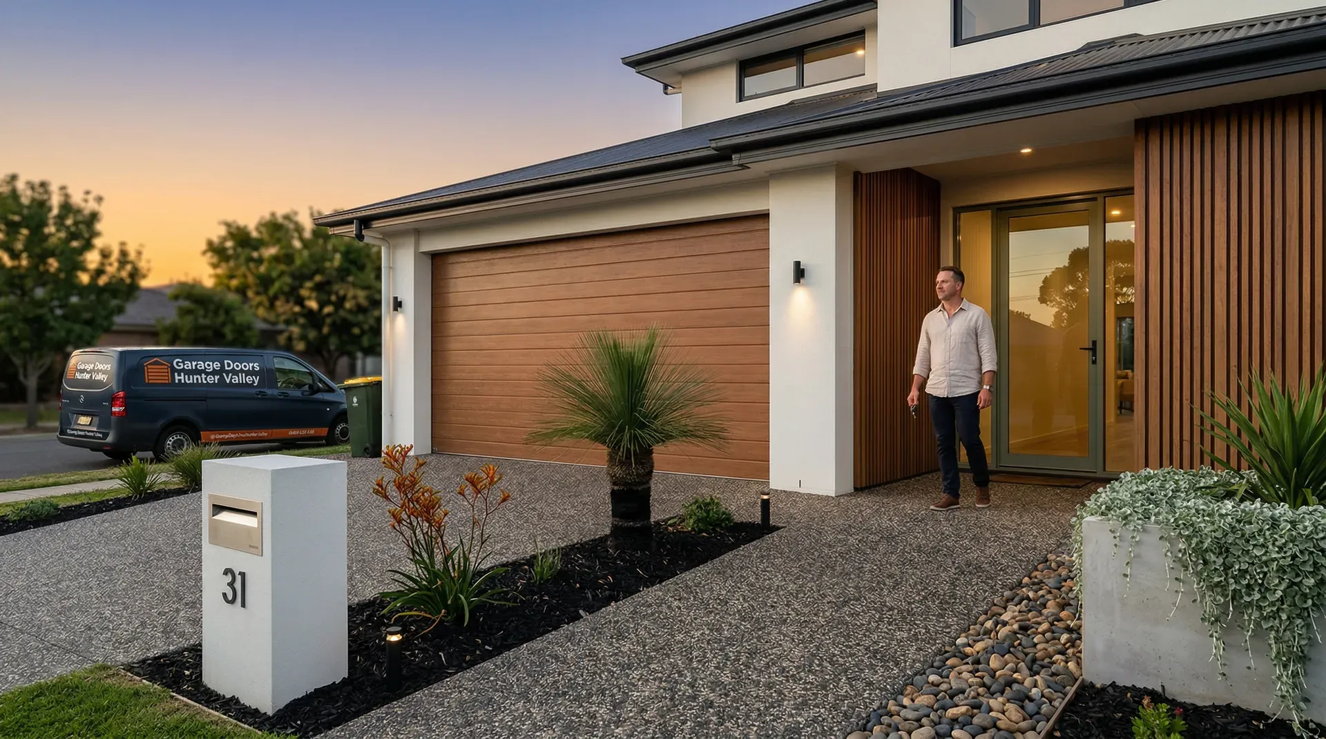 Modern home with a timber-look sectional garage door